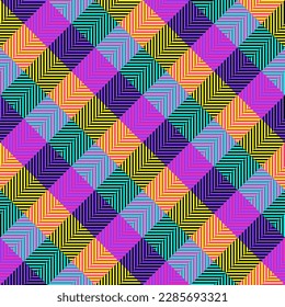 Gingham check plaid pattern in colorful blue, purple, orange, black. Seamless vichy gingham check vector for  fabric, wrapping, wallpaper. Decorative print.