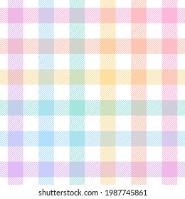 Gingham check plaid pattern for Easter design. Seamless pastel multicolored vichy tartan graphic vector in purple, blue, pink, orange, yellow, green, white for tablecloth, picnic blanket, other print.