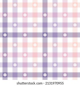 Gingham check plaid pattern. Floral background in lilac, pink, white for spring summer. Beautiful vector print with small daisy flowers for tablecloth, oilcloth, picnic blanket, other textile.