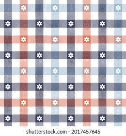 Gingham check plaid pattern with flowers in blue, orange, white. Seamless spring summer floral vichy tartan plaid graphic background for shirt, dress, tablecloth, picnic blanket, other textile design.