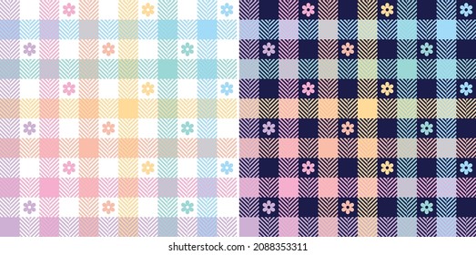 Gingham Check Plaid Pattern With Flowers For Spring Summer. Seamless Colorful Pastel Rainbow Tartan Vichy Set In Blue, Pink, Yellow For Gift Paper, Dress, Skirt, Other Modern Spring Summer Print.