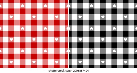 Gingham check plaid pattern with hearts for Valentine's Day in red, black, white. Seamless bright vichy tartan vector for dress, pyjamas, towel, flannel shirt, other modern spring textile design.