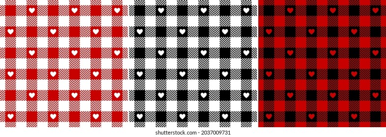 Gingham check plaid pattern with hearts for Valentines Day in black, red, white. Seamless herringbone textured tartan vector for dress, shirt, skirt, gift paper, other modern holiday fashion design.