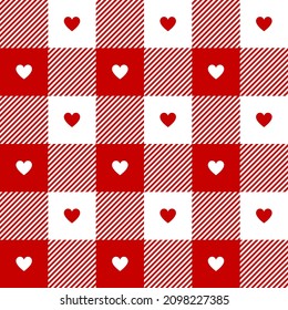 Gingham check plaid pattern with hearts for Valentines Day in red and white. Seamless vichy tartan for dress, jacket, skirt, scarf, gift paper, other modern spring summer autumn winter fabric print.