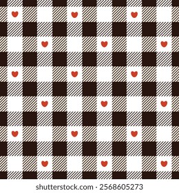 Gingham check plaid pattern with hearts in black, red, red, white. Seamless Scottish tartan vichy textured check plaid for shirt, dress, tablecloth, gift wrapping, or other modern Valentines Day 