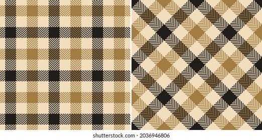 Gingham check plaid pattern with herringbone texture in black, gold brown, beige for autumn winter flannel shirt, skirt, dress, scarf, jacket, other modern fashion textile design.