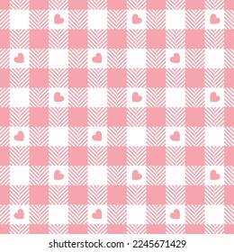 Gingham check plaid pattern with love hearts for Valentine's Day. Seamless pink and white vichy tartan for dress, skirt, jacket, scarf, pyjamas, other modern spring summer autumn winter fabric print.