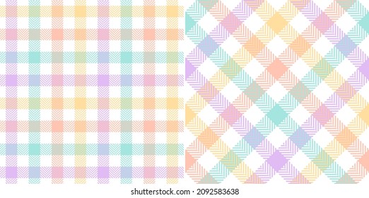 Gingham check plaid pattern in multicolored pastel lilac purple, green, orange, yellow, white. Herringbone vichy tartan for dress, gift paper, tablecloth, other spring summer fashion fabric print.