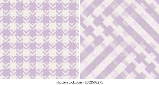 Gingham revisa el patrón de platillos en lila pastel para vestido de verano primavera, chaqueta, falda, papel de regalo, camisa, otras modernas estampado textil de moda. Hueso de arenque sin mangas texturó el diseño de un pequeño tartán vichy.