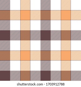 Gingham check plaid pattern. Seamless vichy plaid graphic in taupe, orange, white for scarf, tablecloth, wrapping, packaging, or other modern spring, summer, autumn textile design.