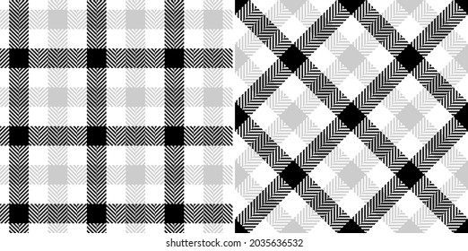 Gingham check plaid pattern set in black, grey, white. Seamless herringbone tartan vector background for dress, jacket, coat, skirt, trousers, other modern spring autumn winter fashion textile print.