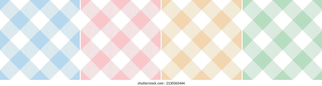 Gingham check plaid pattern set in pastel colorful blue, pink, yellow, green, white for Easter holiday tablecloth, picnic blanket. Tartan vichy vector print for spring summer fabric or paper design.