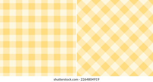 Gingham check plaid pattern in soft yellow for tablecloth, gift paper, napkin, blanket, scarf. Seamless light monochrome small vichy tartan check vector for modern spring summer fashion textile print.
