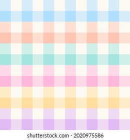 Gingham Check Plaid Pattern For Spring Summer In Colorful Pastel Rainbow Purple, Blue, Green, Orange, Pink, Yellow, Off White. Seamless Vichy Design For Dress, Skirt, Napkin, Handkerchief, Scarf.