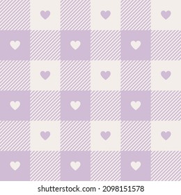 Gingham check plaid pattern for Valentines Day in pastel lilac and off white. Seamless tartan with cute hearts for gift paper, dress, jacket, coat, skirt, other spring summer holiday textile print.