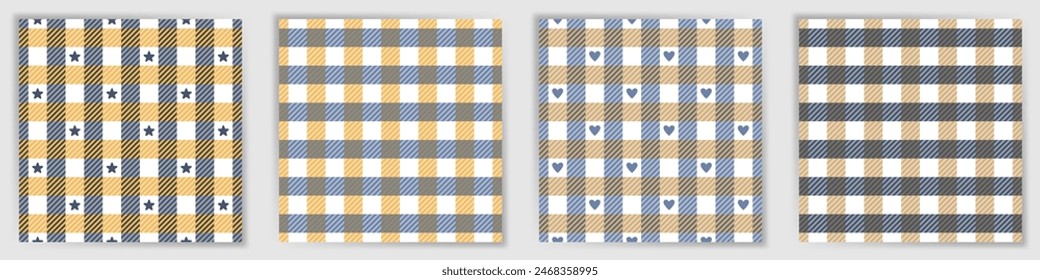 Gingham check seamless ornament set. Classic flannel tartan checkered textile print collection with stars and hearts. Gingham check geometric swatches for picnic blanket fabric print.