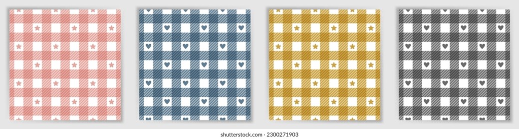 Gingham check seamless pattern collection. Elegant flannel tartan checkered textile print set with stars and hearts. Gingham check square ornaments for cloth fabric print.