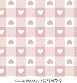 Gingham Check seamless pattern with cute hearts