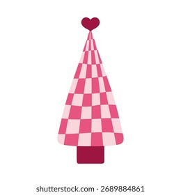 Gingham Christmas Tree. Checked cone shaped pink fir with heart top. Trendy minimalist aesthetic for girlish crafts, posters, greeting card. Vector illustration