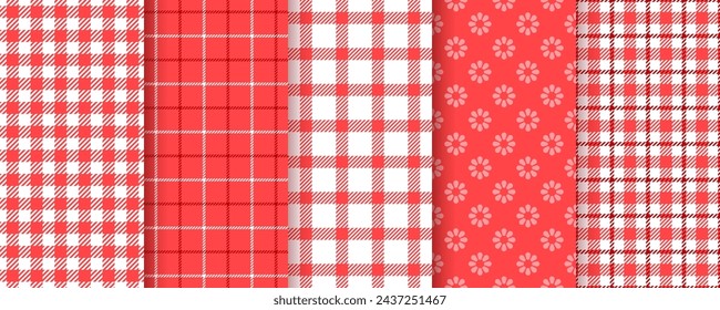 Gingham cloth. Tablecloth seamless pattern. Picnic plaid background. Checkered red kitchen texture with squares. Restaurant napkin print. Set retro tartan backdrops. Color vector illustration