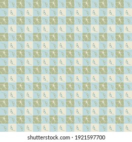 Gingham cottagecore seamless vector pattern with flowers and butterflies. Surface print design for fabrics, stationery, scrapbook paper, gift wrap, textiles, backgrounds, and packaging.