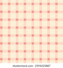 Gingham with cute hearts seamless vector pattern. Tartan check for tablecloths, napkins, clothes, packaging, for the Easter holiday. Cozy cute childish background in pastel palette