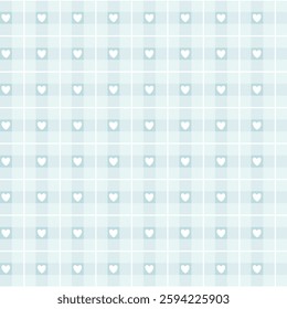 Gingham with cute hearts seamless vector pattern. Tartan check for tablecloths, napkins, clothes, packaging, for the Easter holiday. Cozy cute childish background in pastel palette