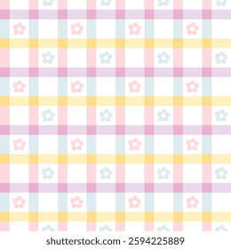 Gingham with cute little flowers seamless vector pattern. Tartan check for tablecloths, napkins, clothes, packaging, for the Easter holiday. Cozy cute childish background in colorful rainbow palette
