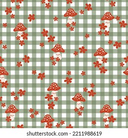 Gingham Daisy Mushroom Retro Picnic Fall Pattern