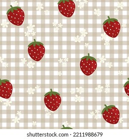 Gingham Daisy Strawberry Retro Picnic Fall Pattern Seamless Repeat