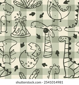 Gingham Dino vector seamless pattern with hand drawn dinosaurs and tropical plants and palm trees. Contours on a green khaki background. Ideal for baby textiles, clothing and decor