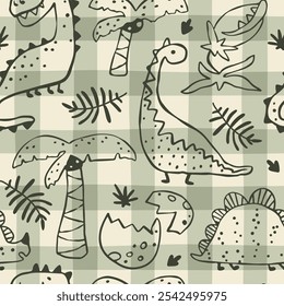 Gingham Dino vector seamless pattern with hand drawn dinosaurs and tropical plants and palm trees. Contours on a green khaki background. Ideal for baby textiles, clothing and decor