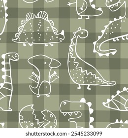 Gingham Dino vector seamless pattern with hand drawn dinosaurs and tropical plants and palm trees. Contours on a green khaki background. Ideal for baby textiles, clothing and decor