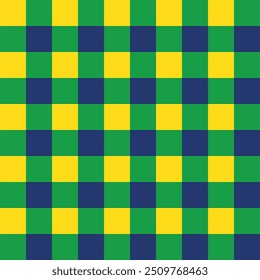 Gingham fabric square checkered seamless pattern in in blue, green, yellow color for Brazil Independence Day September 7. Vector illustration.