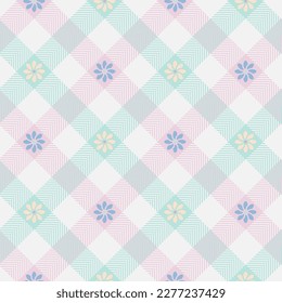 Patrón sin fisuras floral de Gingham. Tartán de fondo de Semana Santa con flores de color pastel. Diseño textil. Fondo de escritorio. Impresión para manteles, vestidos, camisas y textiles. Vector.