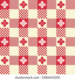 Gingham with flowers on red yellow background. Seamless pattern.