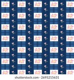 Gingham, flowers seamless pattern. Tartan check, tablecloths, napkins, clothes, packaging, Easter