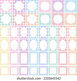 Gingham Frame set in pastel colors - red, orange, green, blue, pink, purple. Vector cute colorful background with a round, square and oval center, isolated for copy-space