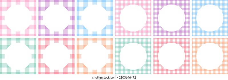 Gingham Frame set in pastel colors - red, orange, green, blue, pink, purple. Vector cute colorful background with a round center, isolated for copy-space