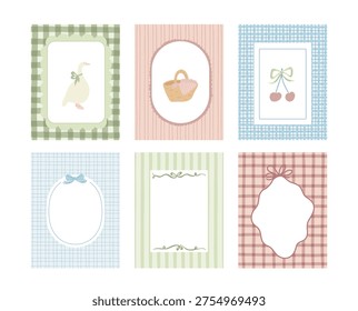 Gingham frames set with duck, basket, cherry, bows, and empty label panels in soft line style. Nostalgic stationery feel for scrapbook, invitation, and card template. Cartoon vector illustration.