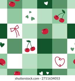 Gingham Grid con cereza dispersa e iconos de corazón sin patrón en acogedora paleta de colores verde retro