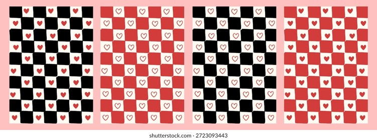 Gingham heart checkered backgrounds in retro whimsical style. Plaid pattern set with hand drawn hearts for Valentine cards, scrapbooking, and cute digital paper. Vector illustration.