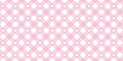 Gingham Heart Diagonal Seamless Pattern In Pink Pastel Color. Vichy Plaid Design For Easter Holiday Textile Decorative. Vector Checkered Pattern For Fabric - Picnic Blanket, Tablecloth, Dress, Napkin.