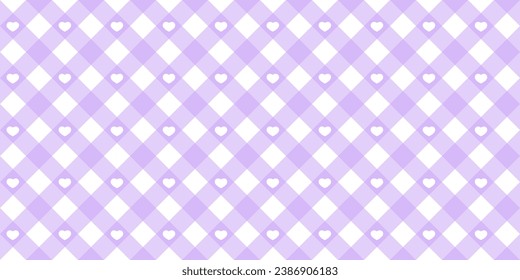 Gingham heart diagonal seamless pattern in purple pastel color. Vichy plaid design for Easter holiday textile decorative. Vector checkered pattern for fabric - picnic blanket, tablecloth, dress