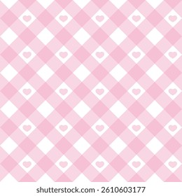 Gingham heart diagonal seamless pattern in pink pastel color. Vichy plaid design for Easter holiday textile decorative. Vector checkered pattern for fabric picnic blanket, tablecloth, dress, napkin.