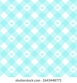 Gingham heart diagonal seamless pattern in blue pastel color. Vichy plaid design for Easter holiday textile decorative. Vector checkered pattern for fabric picnic blanket, tablecloth, dress, napkin.