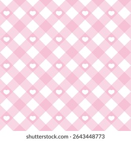 Gingham heart diagonal seamless pattern in pastel pink color. Vichy plaid design for Easter holiday textile decorative. Vector checkered pattern for fabric picnic blanket, tablecloth, dress, napkin.