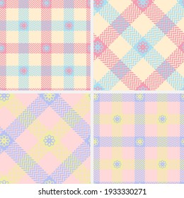 Gingham herringbone pattern set plaid in yellow, red, blue, pink. Pastel seamless backgrounds tartan with small flowers. Easter design. Printing for tablecloth, dress, shirts and textiles.