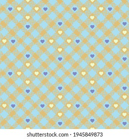 Gingham herringbone pattern set plaid in blue, orange. Pastel seamless backgrounds tartan with small hearts. Printing for tablecloth, dress, shirts and textiles.