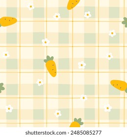 Gingham Kawaii nahtloses Muster mit Möhren und Blumen. Schottenprüfung für Tischdecken, Servietten, Kleidung, Verpackung. Gemütlicher niedlicher kindlicher, handgezeichneter Cartoon-Hintergrund in Pastellpalette